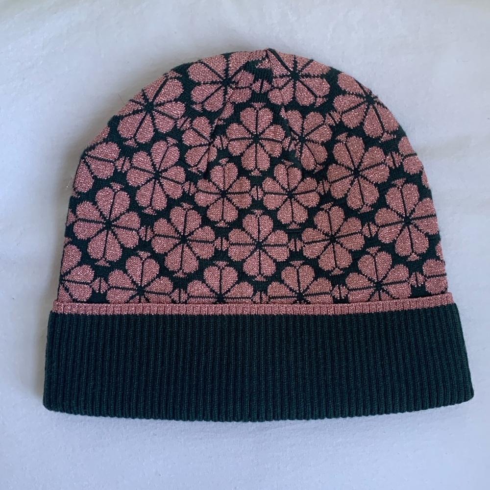 Kate Spade Spade Flower Clover Beanie Hat Spruce Green and Pink Sparkle